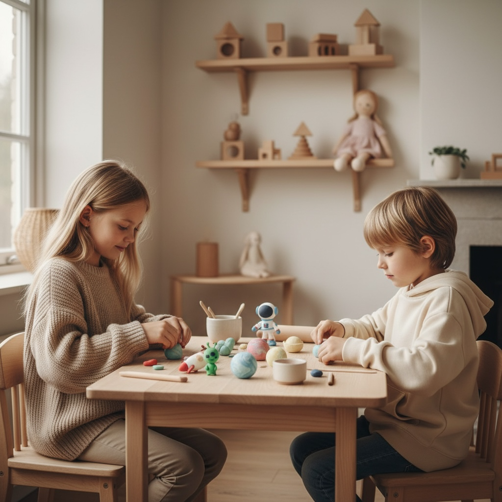 Two children enjoying a calm, creative play session with an OLIHUG air-dry clay kit, shaping colorful clay figures at a wooden table in a minimalist Montessori-style room. This screen-free activity supports fine motor skills, imagination, focus, and mindful play for kids. Natural tones, wooden toys, and soft light create a peaceful learning environment ideal for creative development at home.