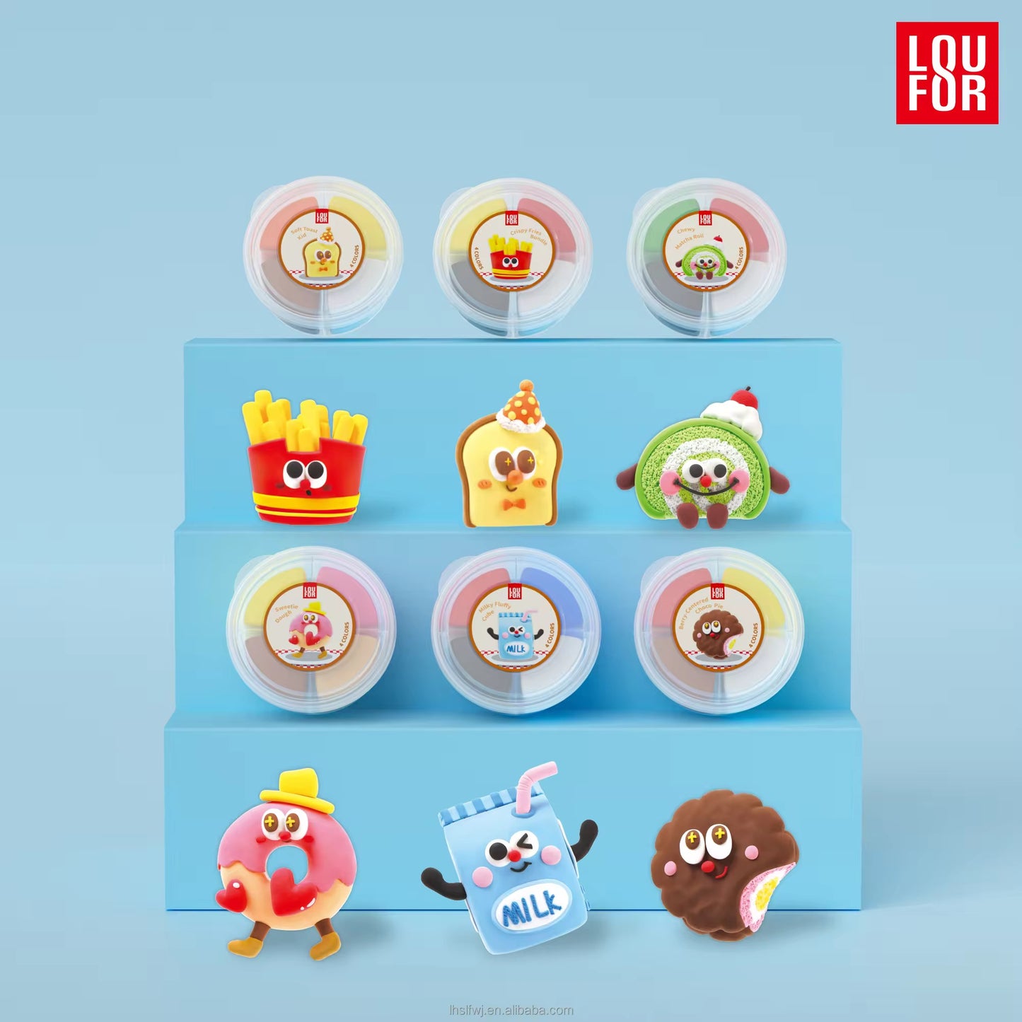 A set of nine cute, colorful cartoon character plastic round containers arranged on a light blue tiered display stand against a solid light blue background. The brand logo 'LOU FOR' is visible in the top right corner.