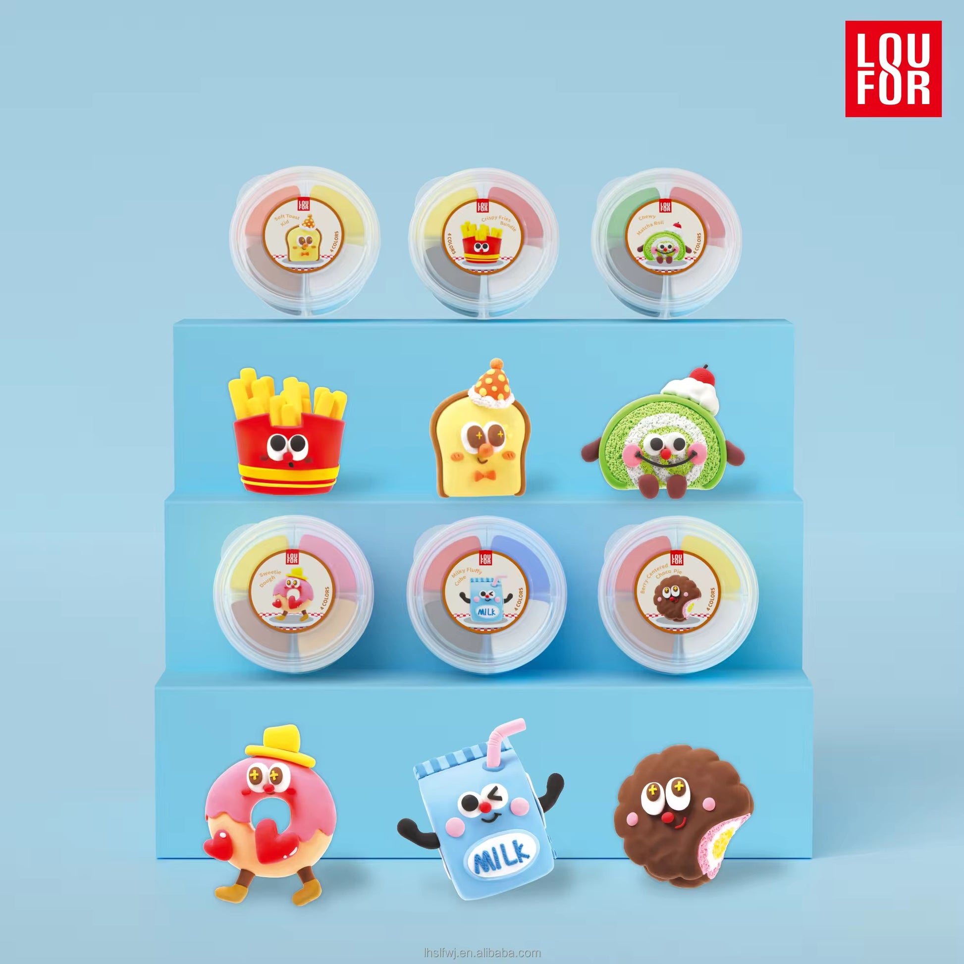 A set of nine cute, colorful cartoon character plastic round containers arranged on a light blue tiered display stand against a solid light blue background. The brand logo 'LOU FOR' is visible in the top right corner.