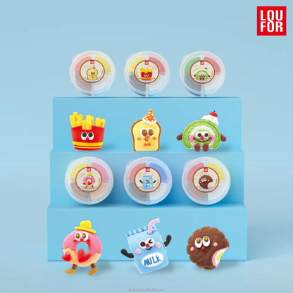 A set of nine cute, colorful cartoon character plastic round containers arranged on a light blue tiered display stand against a solid light blue background. The brand logo 'LOU FOR' is visible in the top right corner.