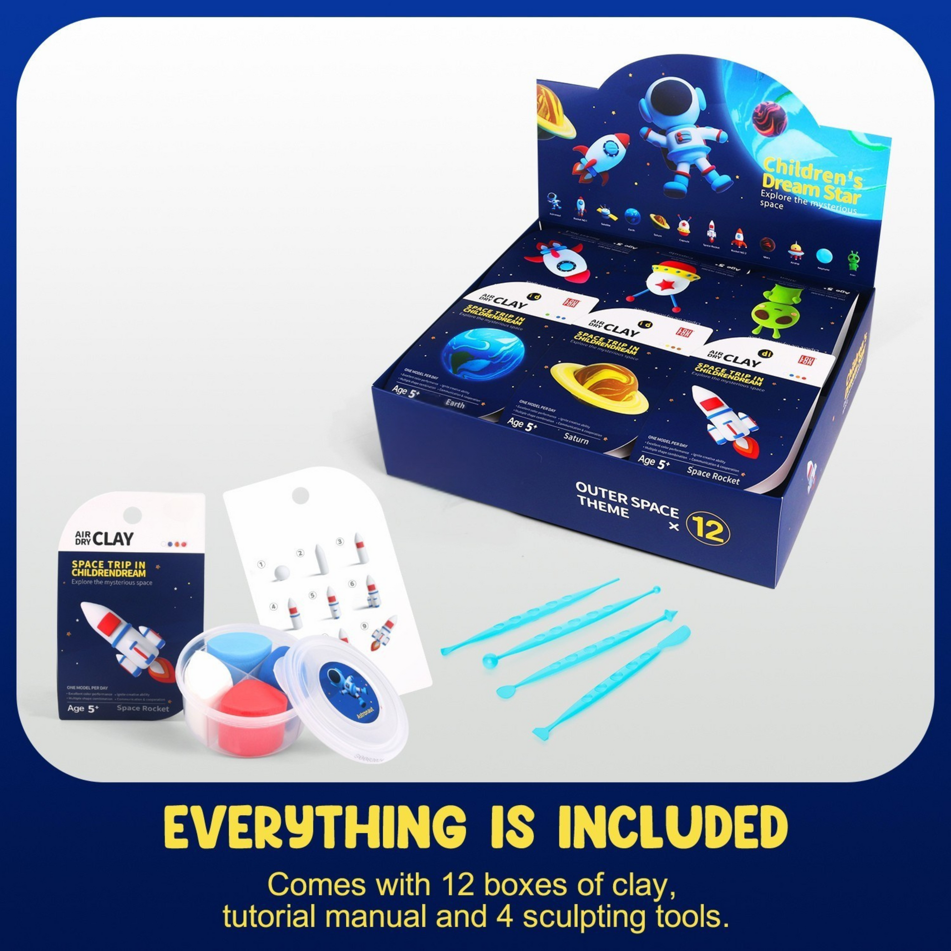 DIY space activity kit for children – soft, safe modeling materials to create planets, satellites, and UFOs. Great mindful art project and family bonding gift. LOUFOR clay kit close-up, air dry clay texture and tools, original LOUFOR product available at OLIHUG EU store.