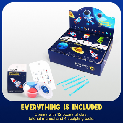 DIY space activity kit for children – soft, safe modeling materials to create planets, satellites, and UFOs. Great mindful art project and family bonding gift. LOUFOR clay kit close-up, air dry clay texture and tools, original LOUFOR product available at OLIHUG EU store.