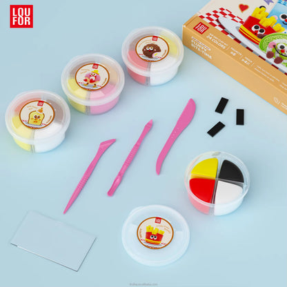 A clay modeling kit with multiple small plastic tubs of colored clay, three pink sculpting tools, three black rectangular pieces, a blank card, and the product box on a light blue background. The LOU FOR brand logo is visible in the top-left corner.