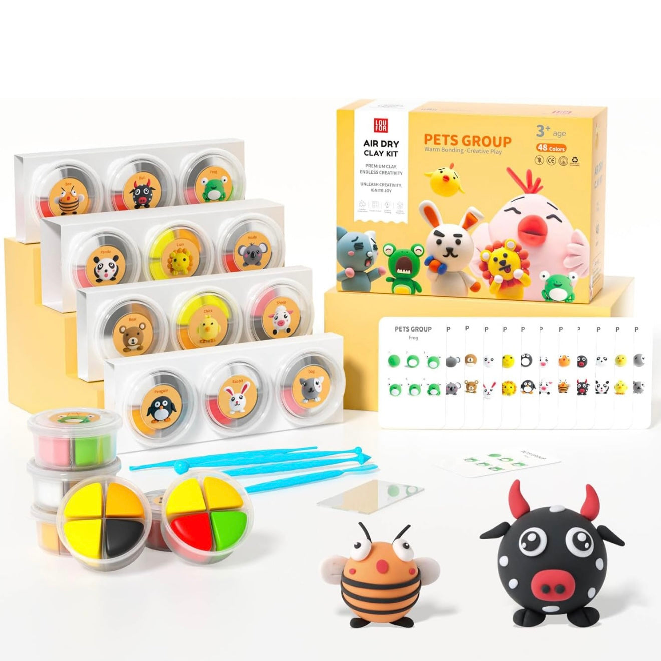 LOUFOR air dry clay kit for kids with animal theme, complete DIY craft set including colorful clay, sculpting tools, and step-by-step guides. Creative modeling kit designed for imaginative play, fine motor skill development, and screen-free activities, perfect gift idea for children and beginner artists.