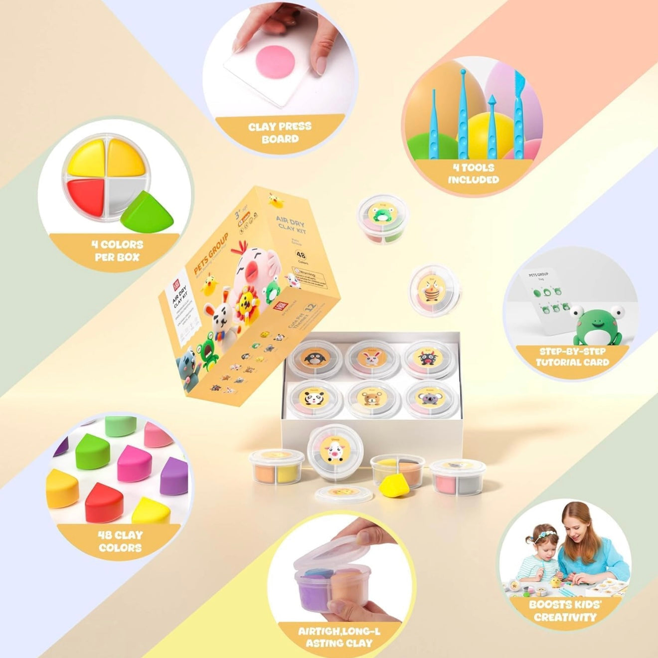 Loufor clay kit contents with multiple colors of air dry clay, sculpting tools, and tutorial cards for kids. Beginner-friendly DIY craft set designed to create animal figures while improving fine motor skills, hand-eye coordination, and creative thinking through fun, hands-on play.