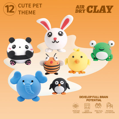 Marketing banner showing panda, penguin, elephant, frog, and rabbit clay characters from the OLIHUG Pet Paradise clay set — mess-free and dries in 24 hours naturally. LOUFOR clay kit close-up, air dry clay texture and tools, original LOUFOR product available at OLIHUG EU store.