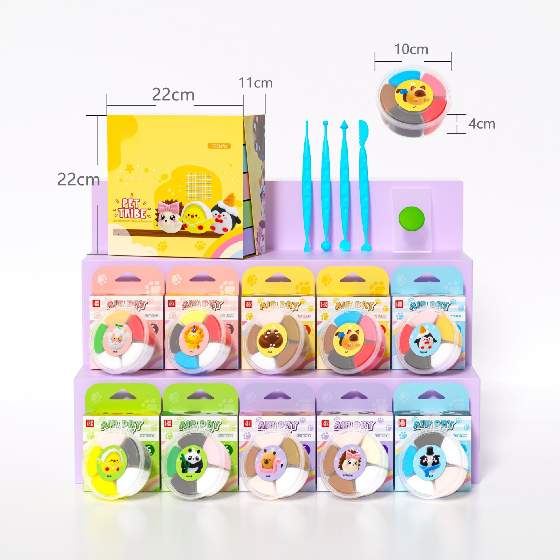 Clay craft kit contents overview showing air dry clay tubs, sculpting tools, molds and instruction cards, complete DIY craft set for kids and beginners, educational creative activity for screen free play, safe non toxic clay kit for home, school and art classes
