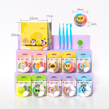 Clay craft kit contents overview showing air dry clay tubs, sculpting tools, molds and instruction cards, complete DIY craft set for kids and beginners, educational creative activity for screen free play, safe non toxic clay kit for home, school and art classes