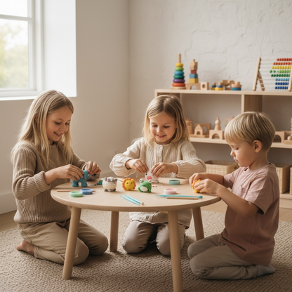 Children enjoying a creative, screen-free activity at home using an OLIHUG air-dry clay kit, shaping colorful animal figures around a wooden table in a Montessori-style playroom. This hands-on kids activity builds fine motor skills, creativity, focus, and social interaction. Perfect for parents looking for educational play ideas, indoor activities for kids, and creative learning through play. Loufor