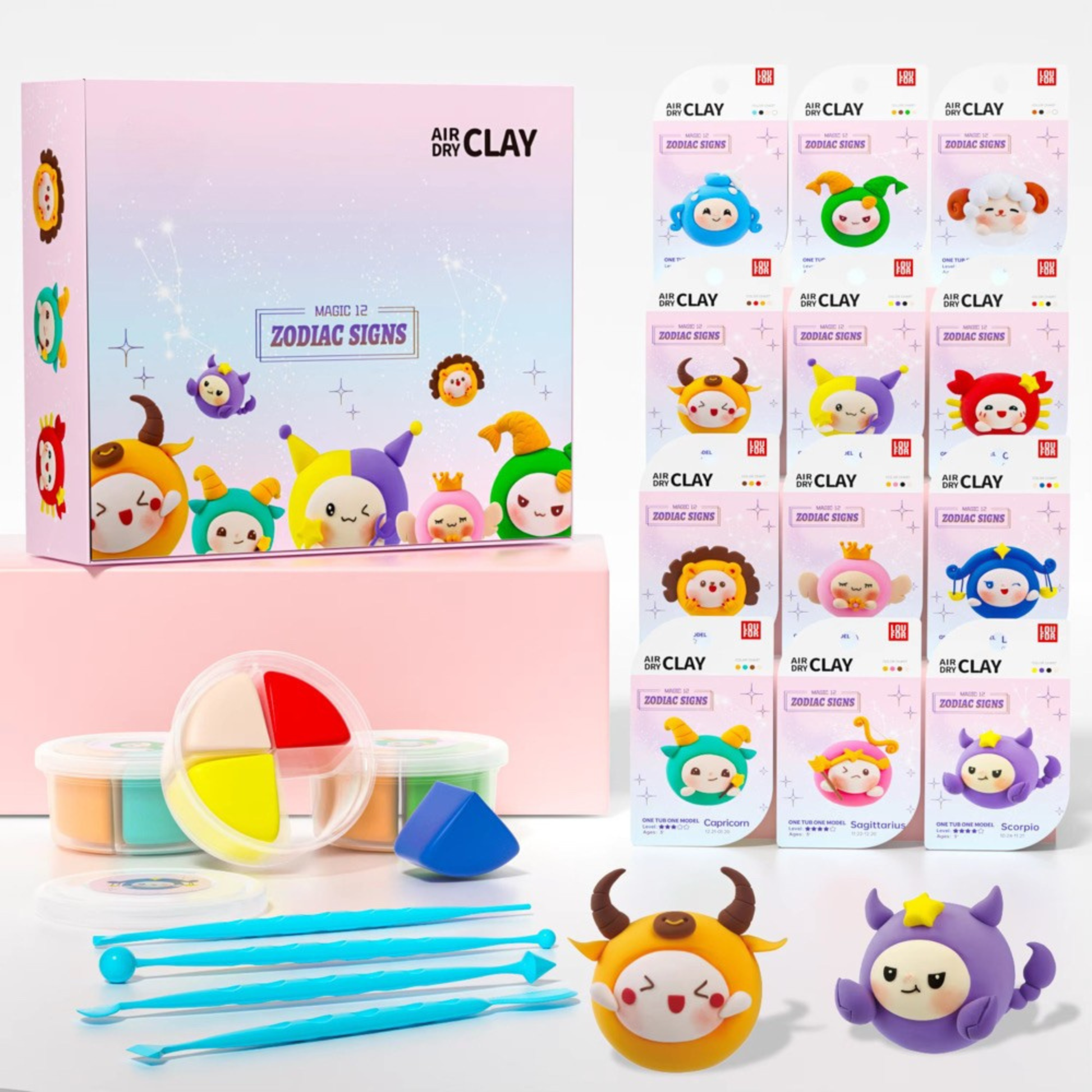 LOUFOR Zodiac themed air dry clay kit for kids and adults, featuring 12 cute zodiac sign figures with colorful soft clay, step by step instruction cards, wooden sculpting tools and gift box packaging. Creative Montessori inspired DIY activity for screen free play, fine motor skills, imagination and mindful family bonding at home. Perfect educational gift for children ages 3+, birthdays and holidays.