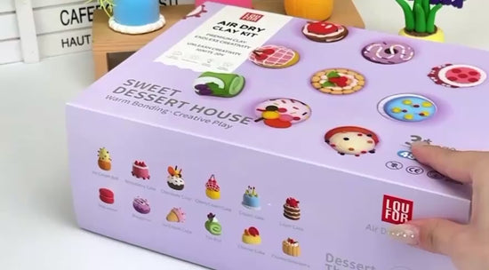 Sweet Dessert House Air Dry Clay Kit – Montessori DIY craft set for kids to create cakes, cupcakes, and sweet treats. A calming screen-free creative activity that builds focus and fine motor skills. Perfect birthday gift and Waldorf-inspired craft kit for children.