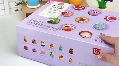 Sweet Dessert House Air Dry Clay Kit – Montessori DIY craft set for kids to create cakes, cupcakes, and sweet treats. A calming screen-free creative activity that builds focus and fine motor skills. Perfect birthday gift and Waldorf-inspired craft kit for children.